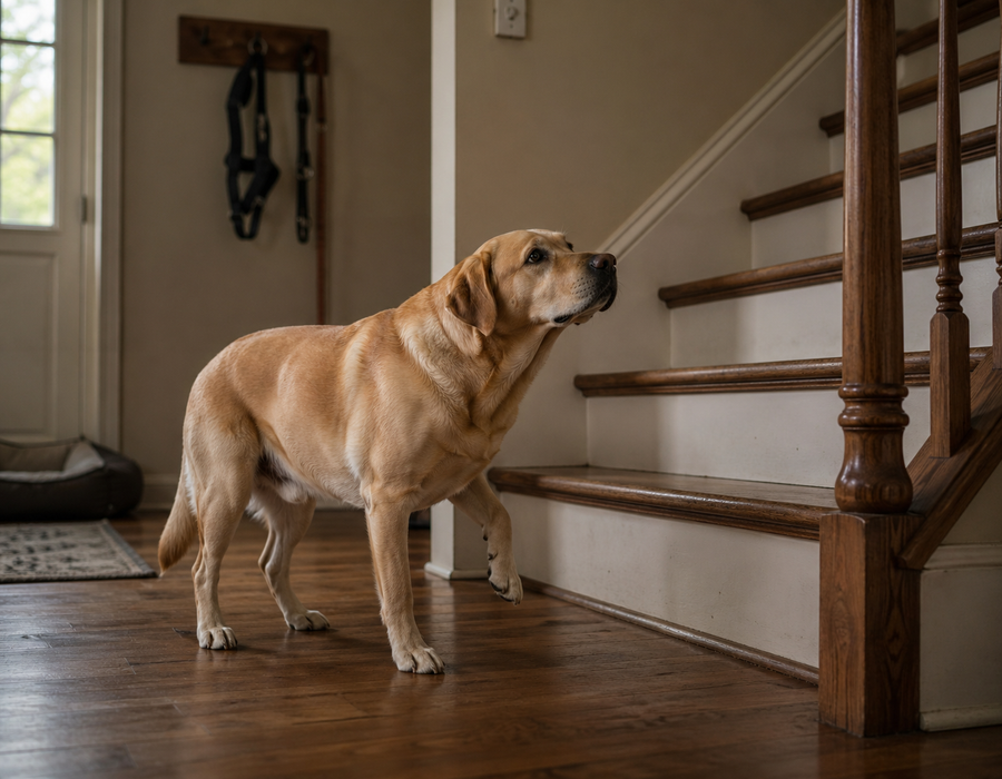 Labrador hesitating at stairs